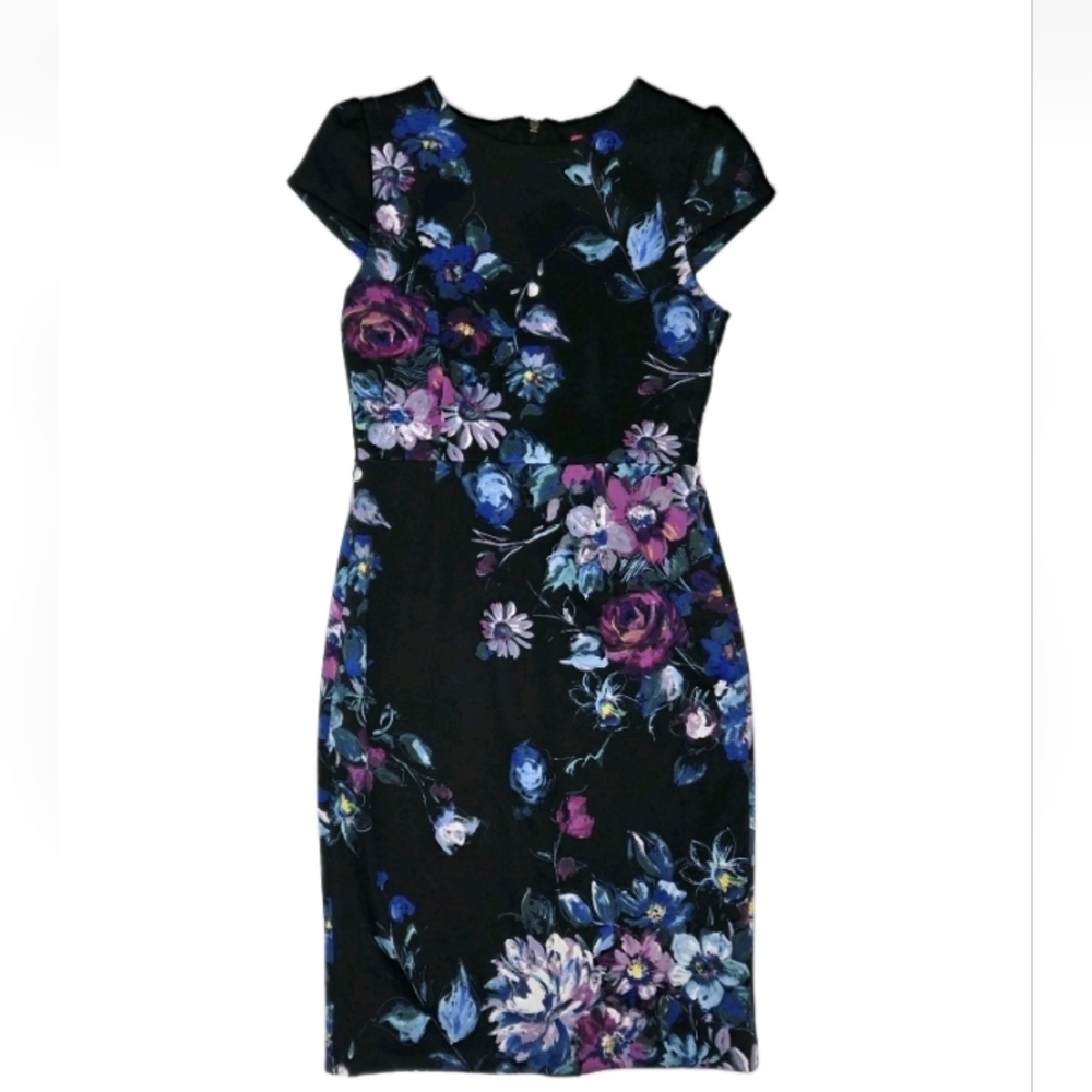 Betsey Johnson Womens Cap Sleeve Sheath Dress Size 8 Black Floral Print